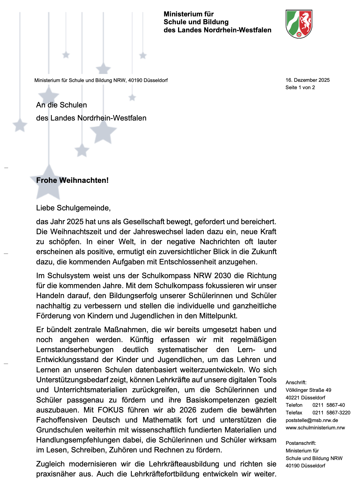 Weihnachtsbrief der Bildungsministerin 1